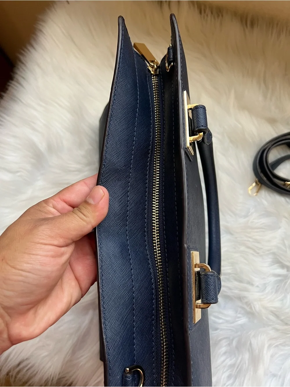 Michael Kors Navy Saffiano Satchel with Gold Hardware